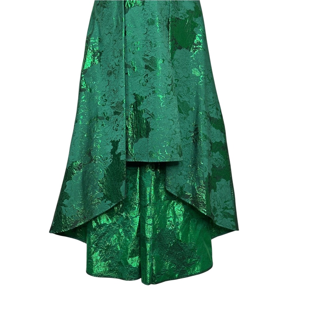 Belle Badgley Mischka Dress 0 Green Metallic Jacquard High Low Formal Gown - Picture 5 of 10